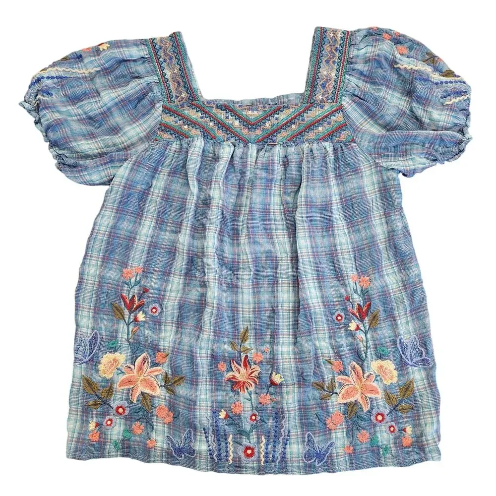 Johnny Was Aimee Puff Sleeve Floral Embroidered Tartan Plaid Peasant Top SzSmall